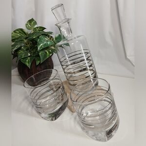 3pc.Mid Century Style Novelty Tilting Silver Striped Decanter & Highball Glasses